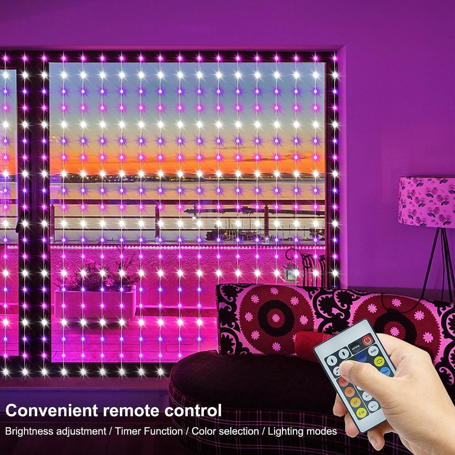 Smart Bluetooth RGB LED curtain lights displayed indoors