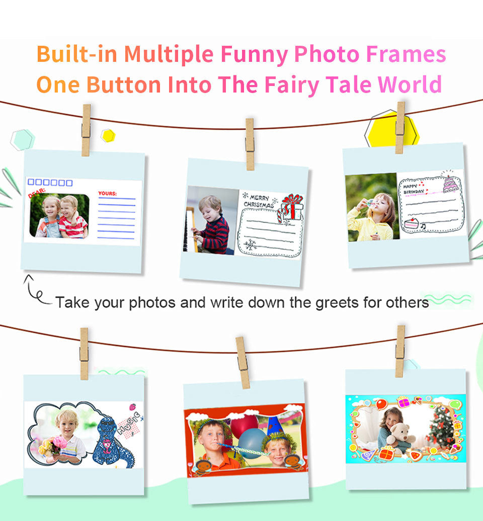 Compact design kids camera showing features