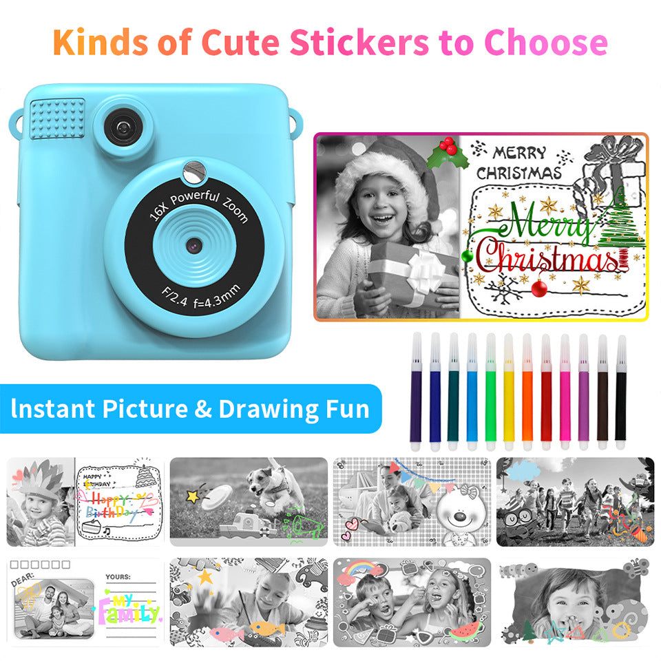 Compact design kids camera showing features