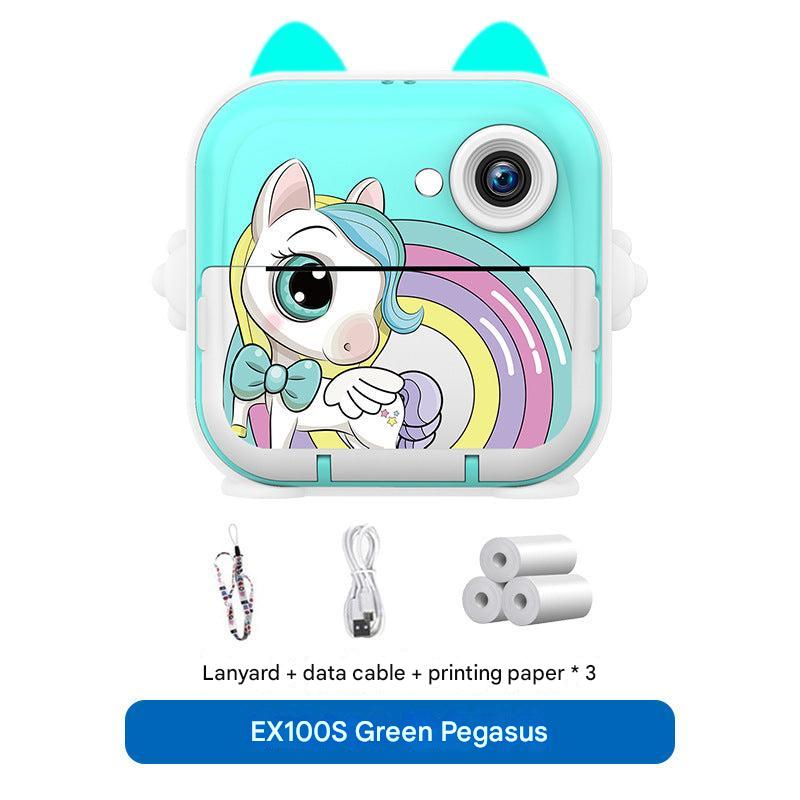child holding blue instant print camera