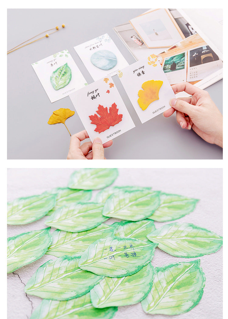 Close up of leaf-shaped sticky note pad