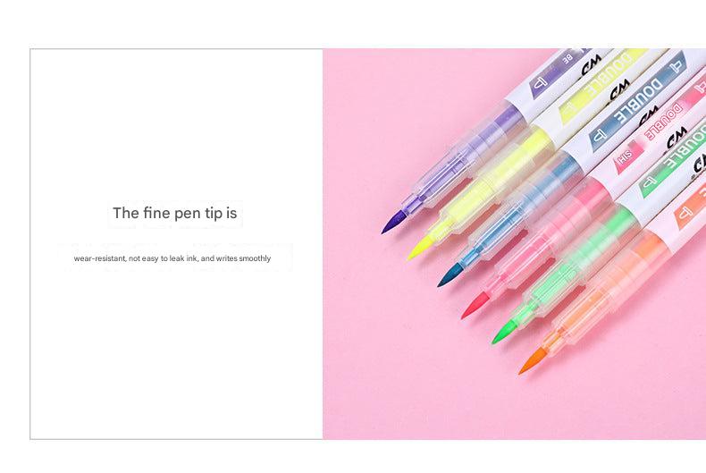 dual-tip highlighter pen with cap off showcasing tips