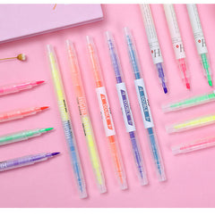 various highlighter pens arranged on a notebook