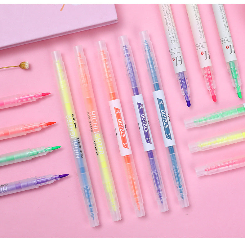 various highlighter pens arranged on a notebook