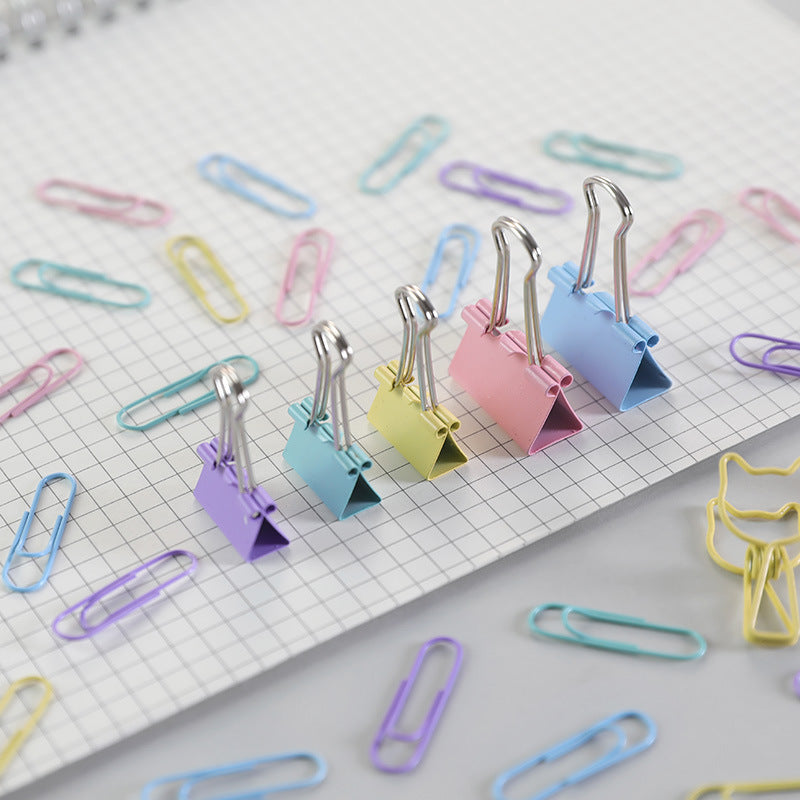 Close-up of vibrant pink and blue binder clips