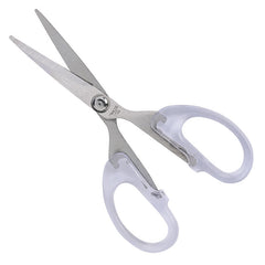 detail view of stainless steel scissor blades clear handle