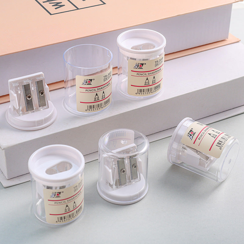 Transparent pencil sharpener showing internal mechanism