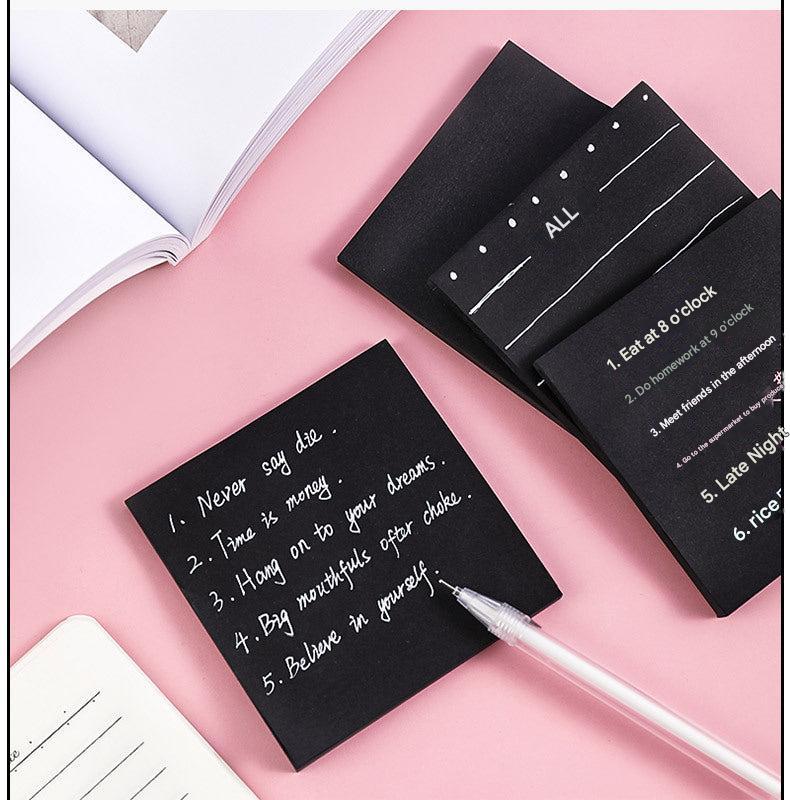 Topics written on black sticky notes for organisation
