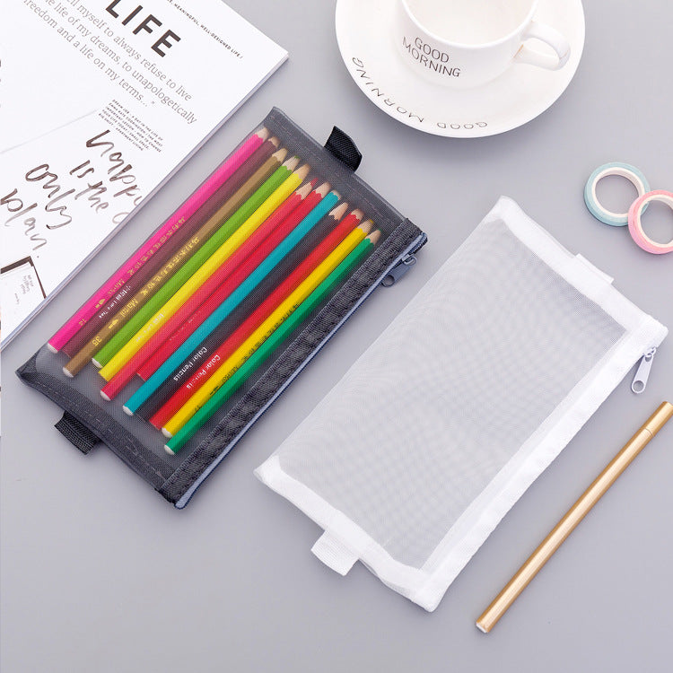 Large black mesh pencil case with various items