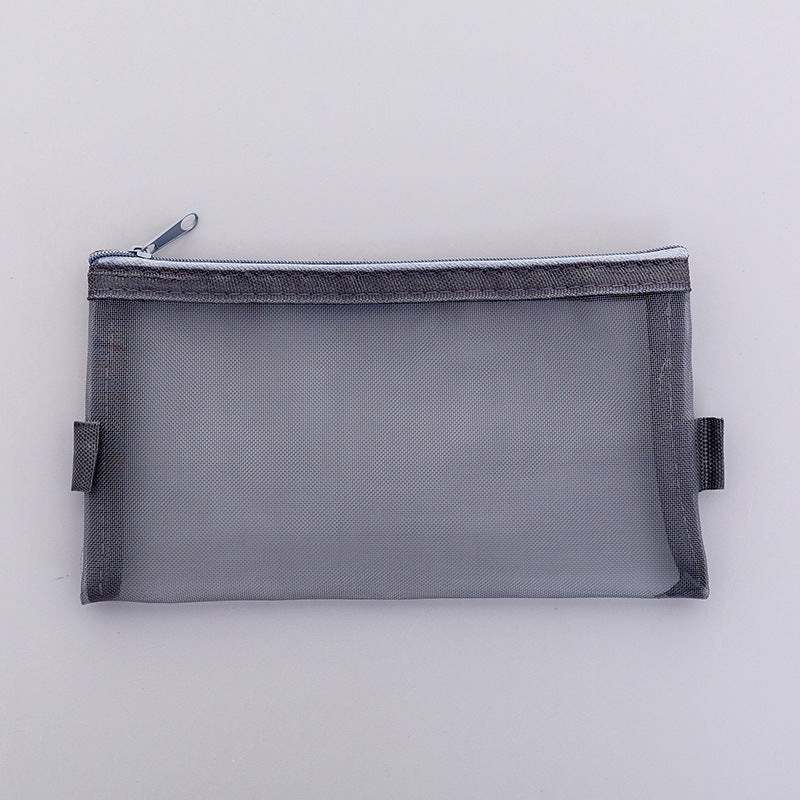 Small black mesh pencil case zoomed in