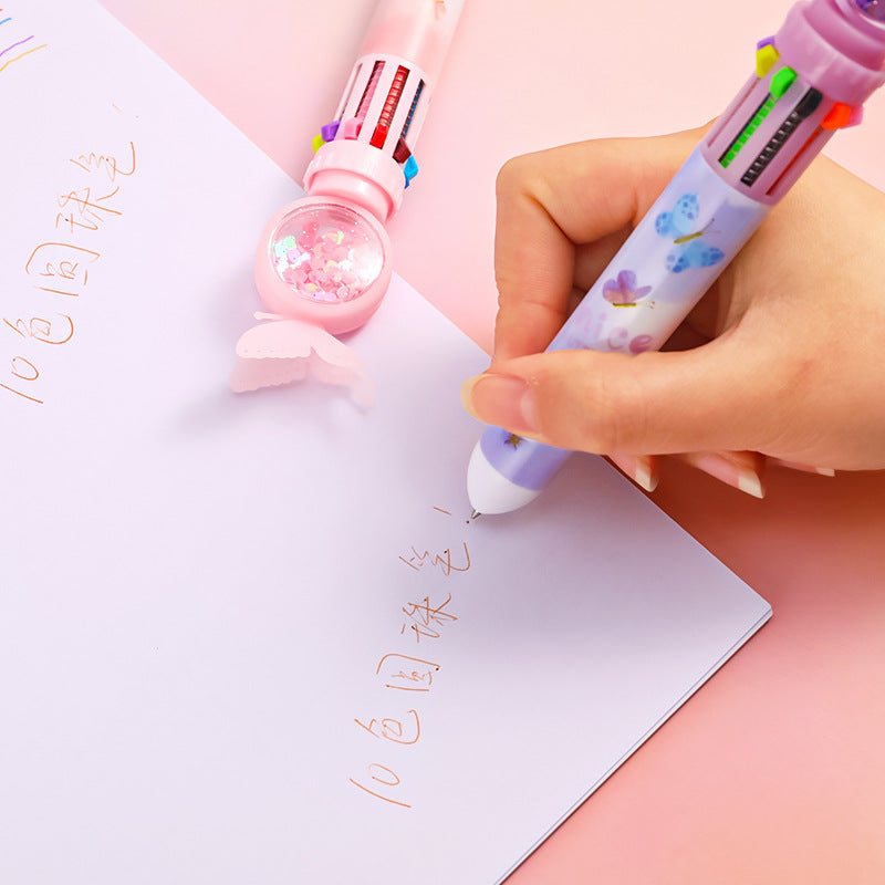 Detailed view of the 0.5mm tip of multicolor ballpoint pen
