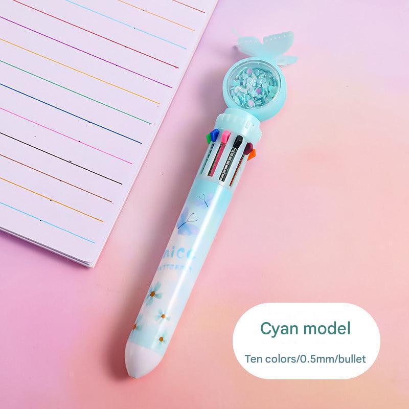 Multicolor ballpoint pen in pink colour display