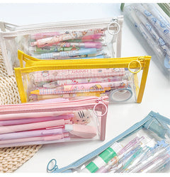 Colorful transparent storage bag in use