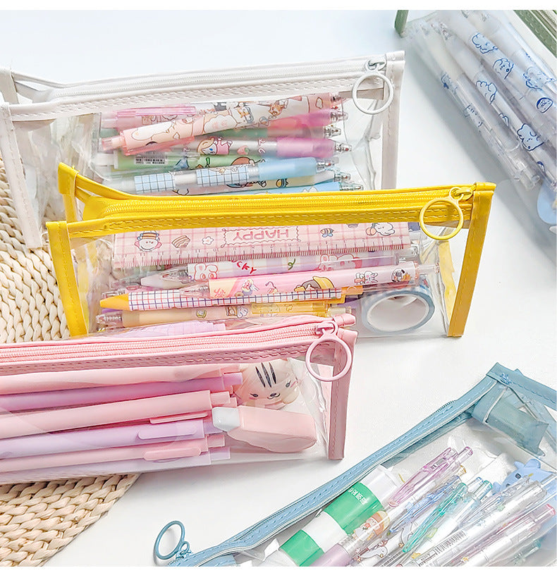 Colorful transparent storage bag in use