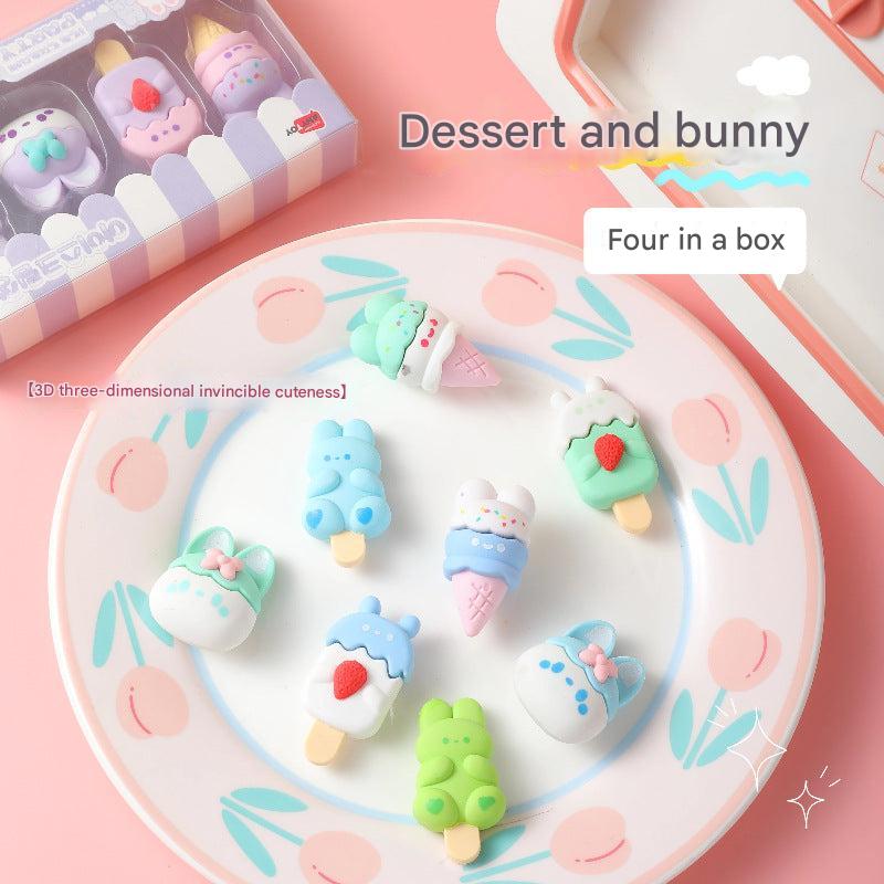Close-up of bunny erasers featuring ice cream motif
