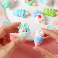 Bunny erasers in various dessert shapes on display