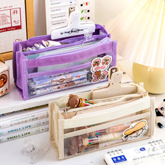 Mesh pencil case with stationery items inside