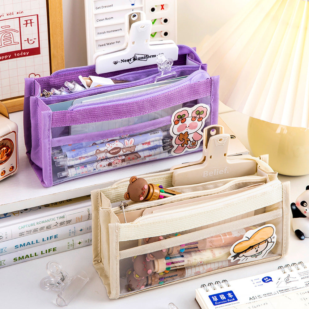 Mesh pencil case with stationery items inside