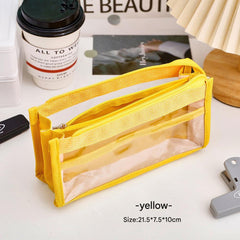 Open mesh pencil case displaying contents