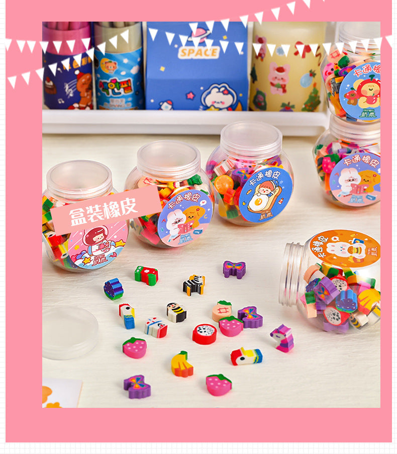 Decorative bottle of colourful mini erasers