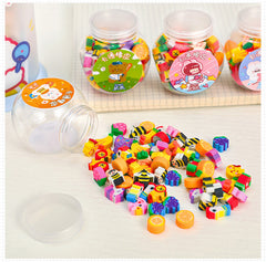 Educational mini erasers in a storage bottle
