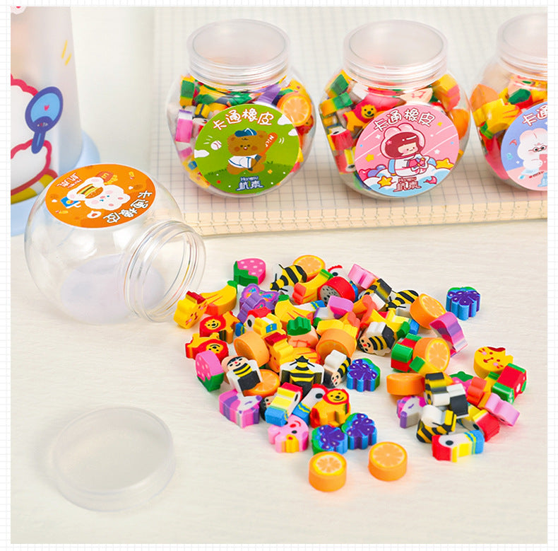 Educational mini erasers in a storage bottle