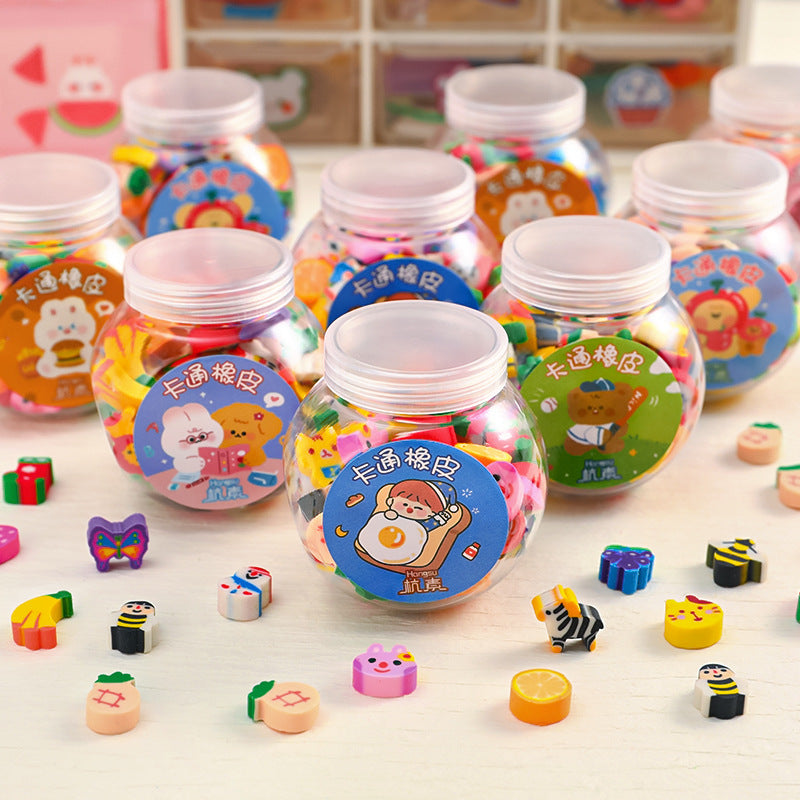 Decorative bottle of colourful mini erasers