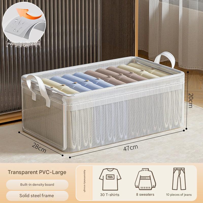 Grey fabric storage bin in bedroom
