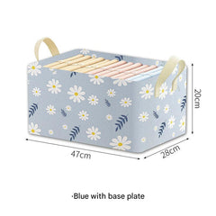 Large beige fabric storage box with items
