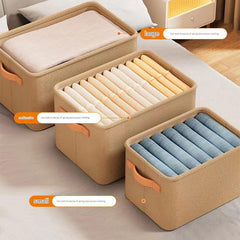 Grey fabric storage bin in bedroom