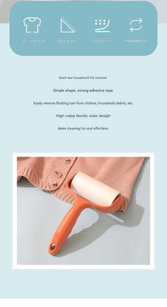 green lint roller in use on fabric