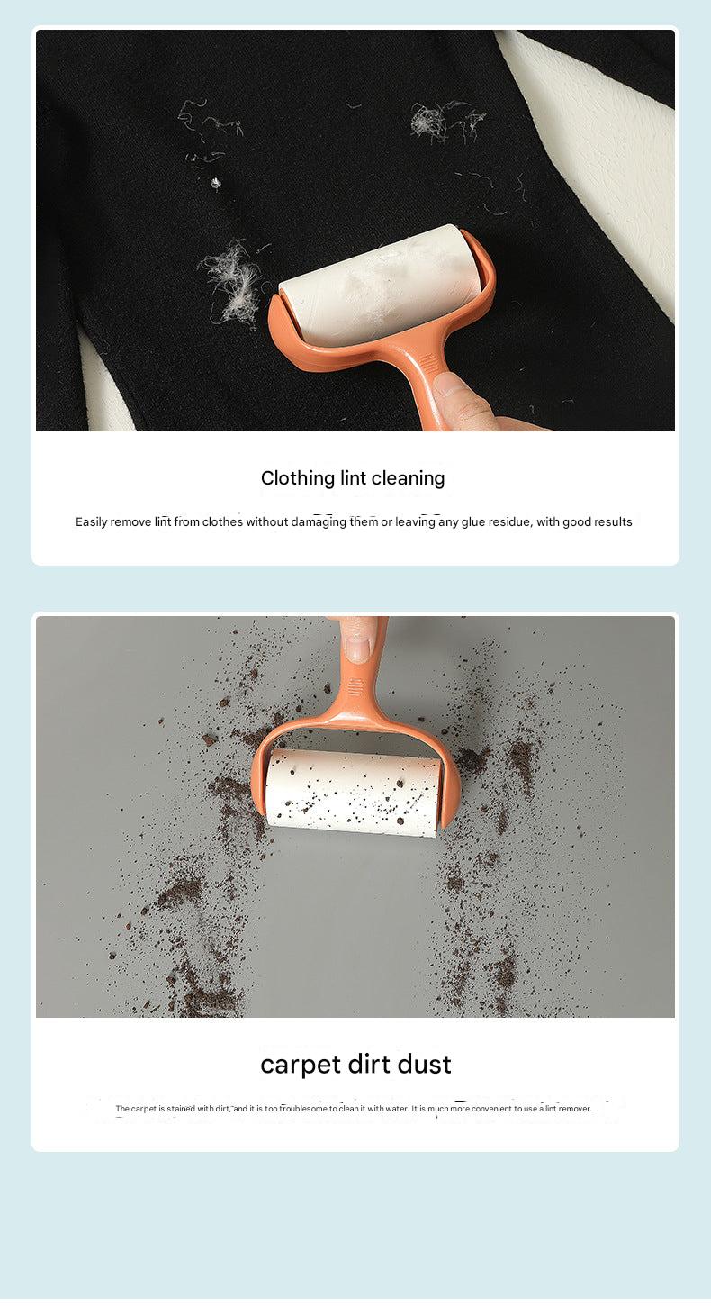 green lint roller in use on fabric