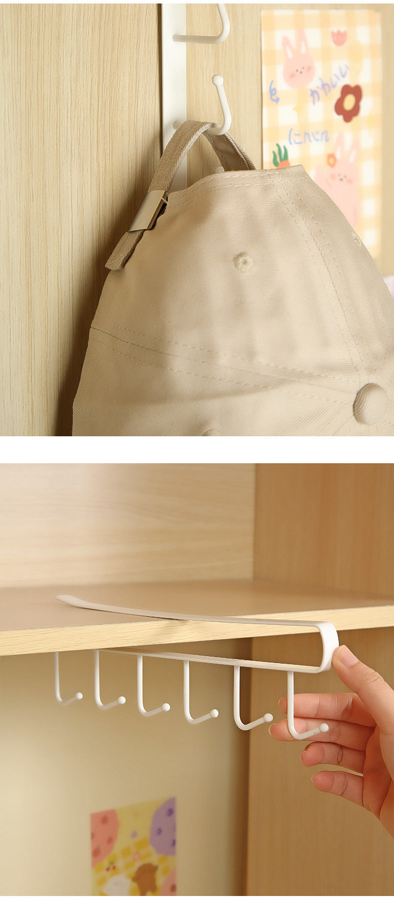 Close-up of white over-the-door hook rack with clothes