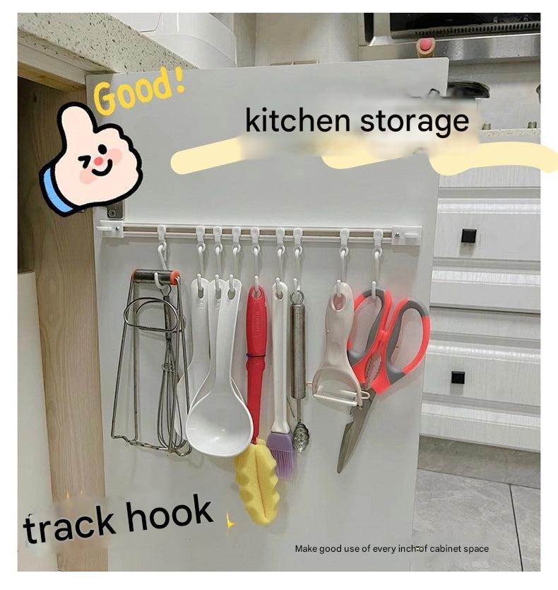 Hanging rack aligned with kitchen essentials