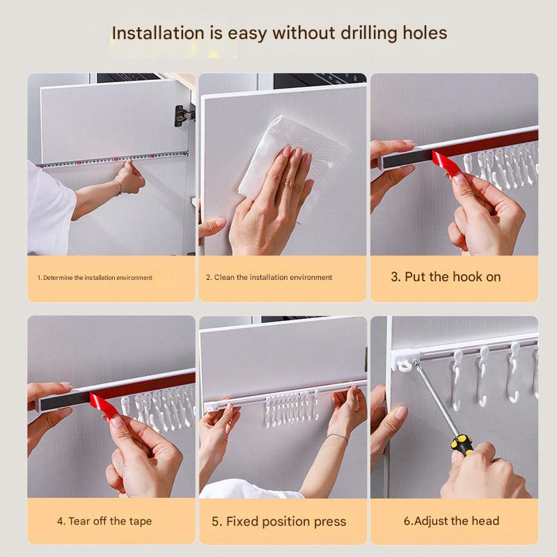 Sliding rail with S-hooks for kitchen storage