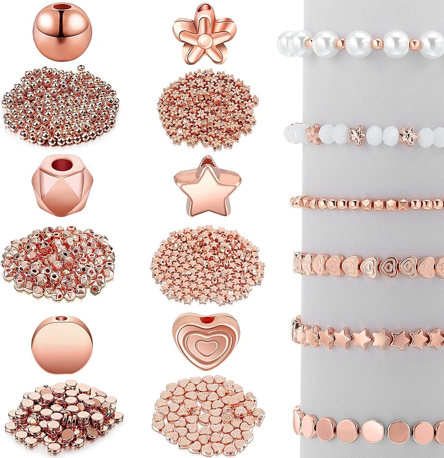 Close-up of luxury spacer beads assortment in gold, silver, and rose gold