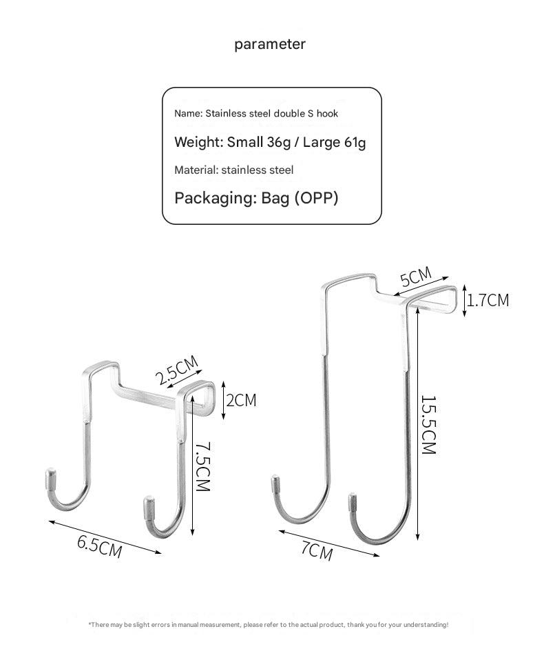 Stainless steel double S-hooks hanging over a door