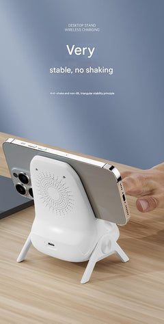 Detailed view of the white phone charger and holder