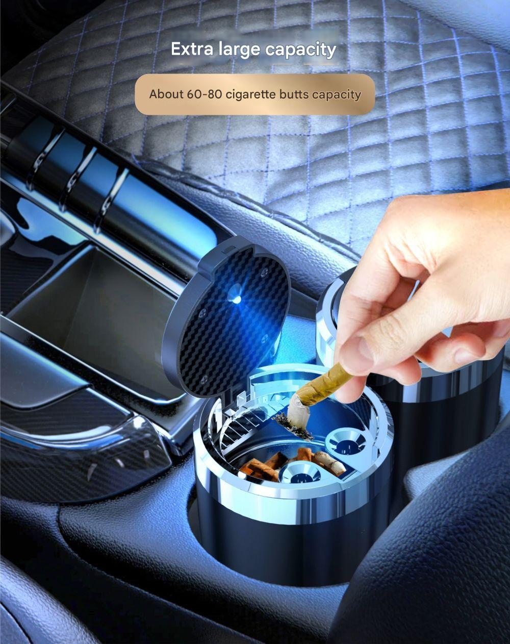 LED-lit car ashtray against a dark background