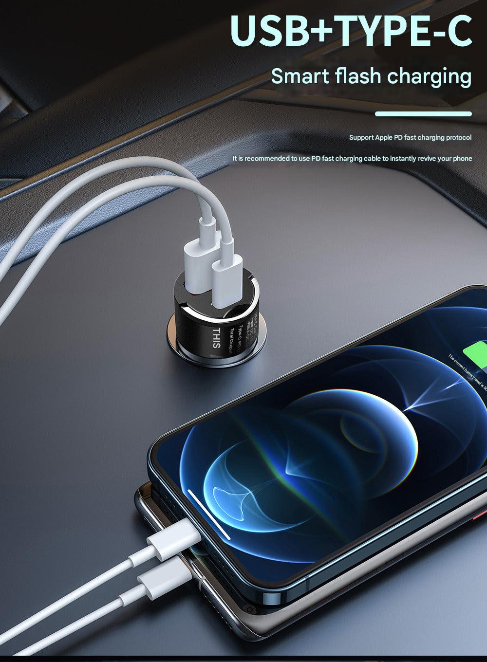 Image of compact 30W USB car charger with dual ports
