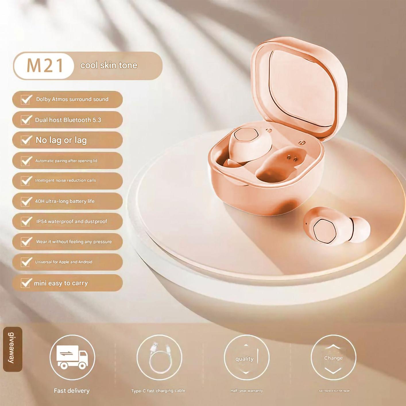 M21 true wireless Bluetooth earbuds front view