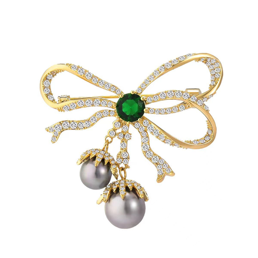 Elegant Bow-Knot Rhinestone Brooch with Green Crystal – Image 1