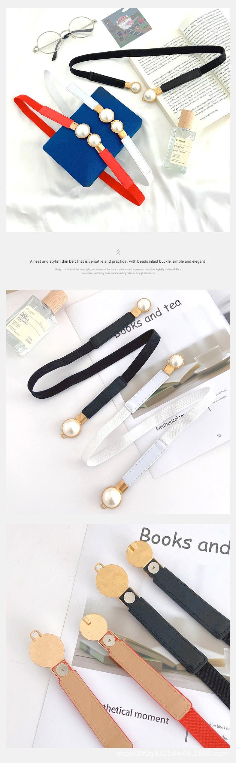 Elegant pearl buckle women's waist belt on white background