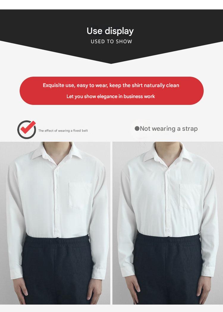 Adjustable shirt stay shown on a formal shirt