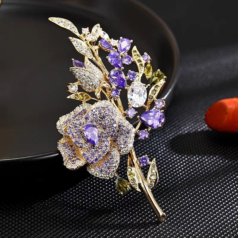 Purple rose brooch elegantly pinned on a coat