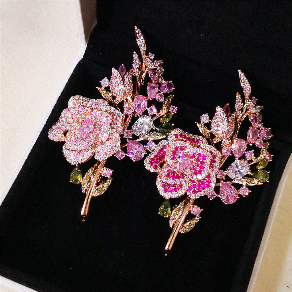 Close-up view of rhinestone details on floral brooch
