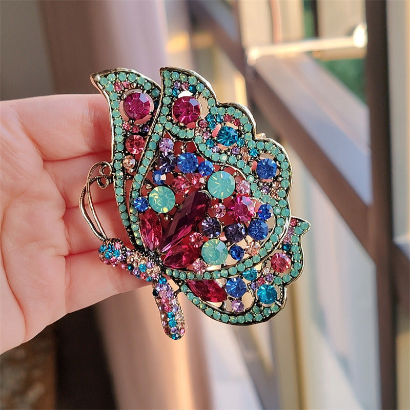 Close-up of a stylish butterfly brooch