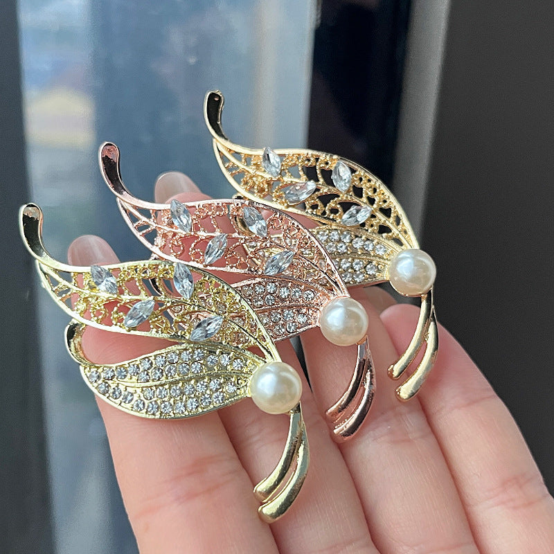 Pearl and Rhinestone Leaf Brooch image 10