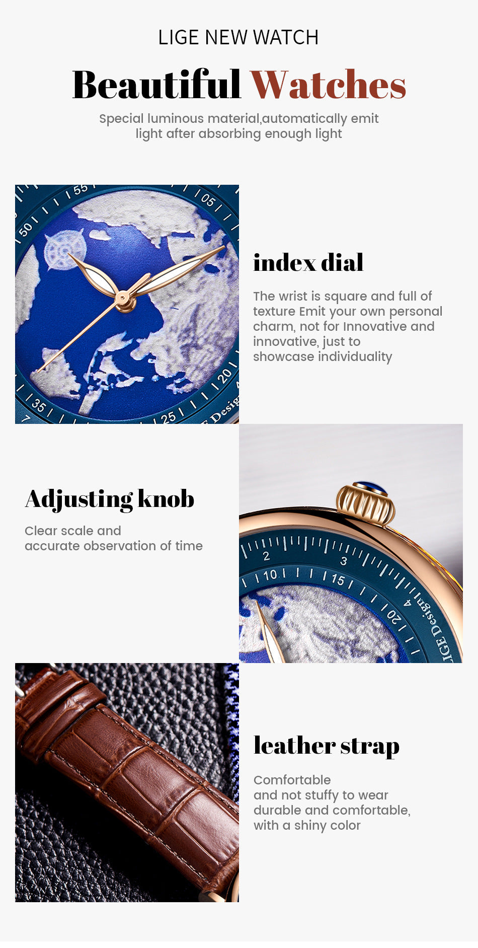 LIGE quartz watch front view