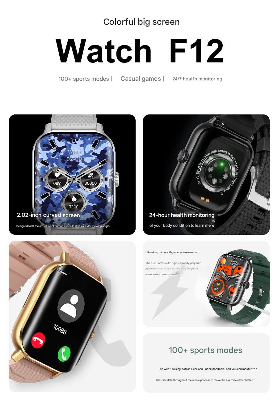 F12 smartwatch back view showing health sensors